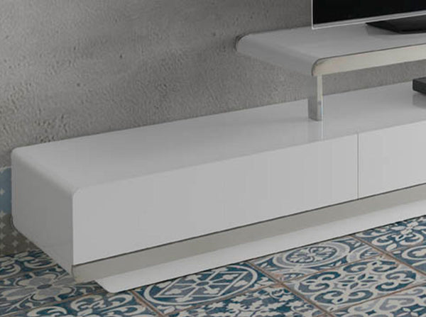 White wooden TV stand with chromed steel base and chromed steel base