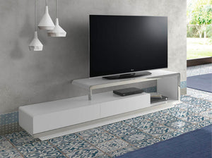White wooden TV stand with chromed steel base and chromed steel base