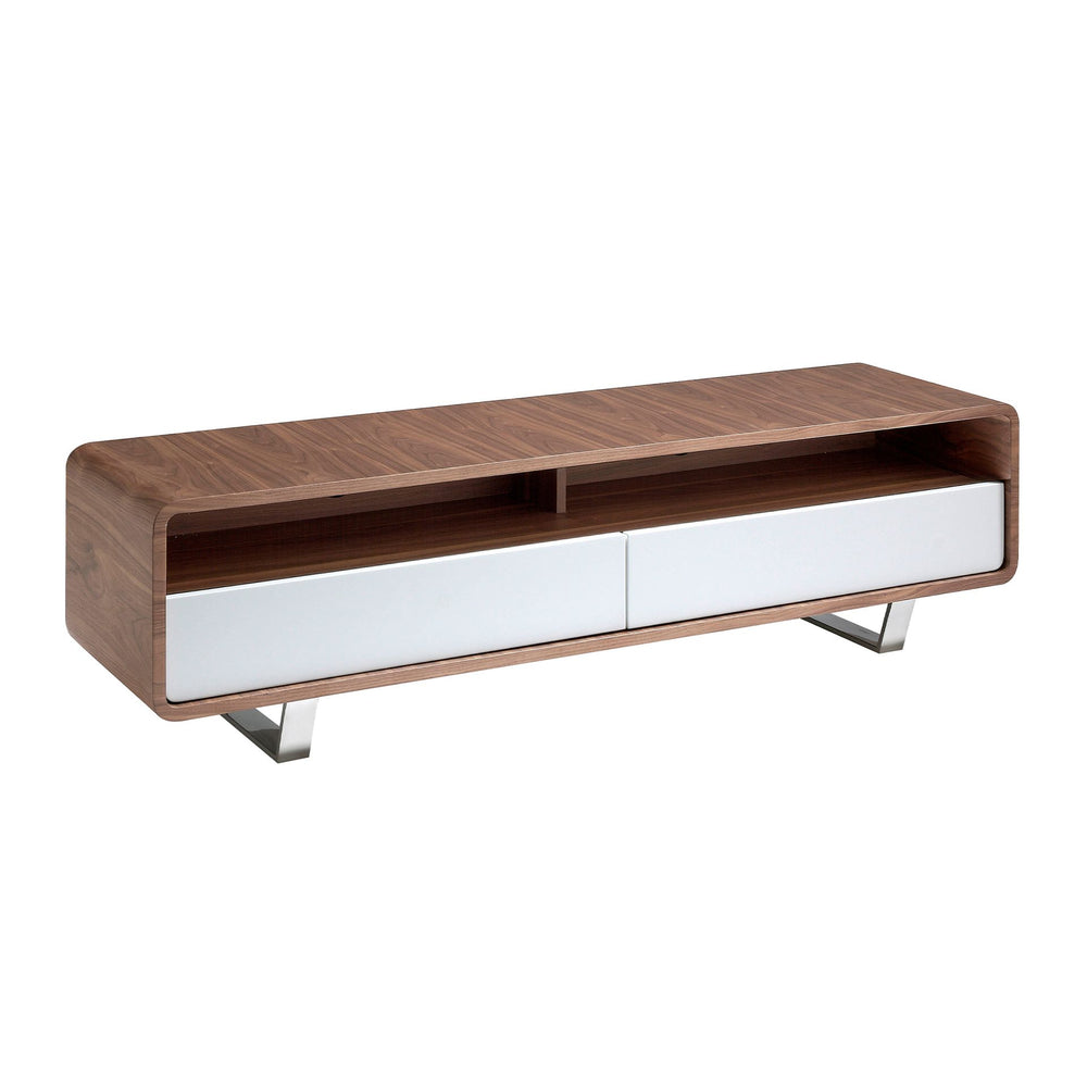 TV table in white wood, walnut and chromed steel