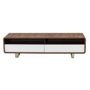 TV table in white wood, walnut and chromed steel