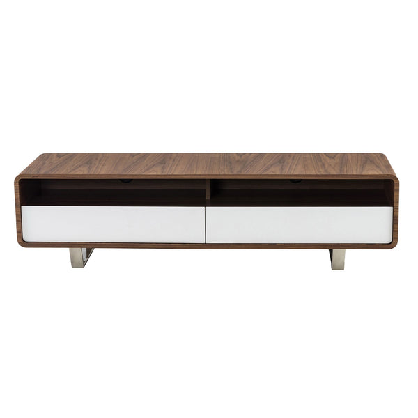 TV table in white wood, walnut and chromed steel