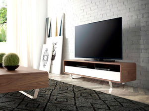 TV table in white wood, walnut and chromed steel
