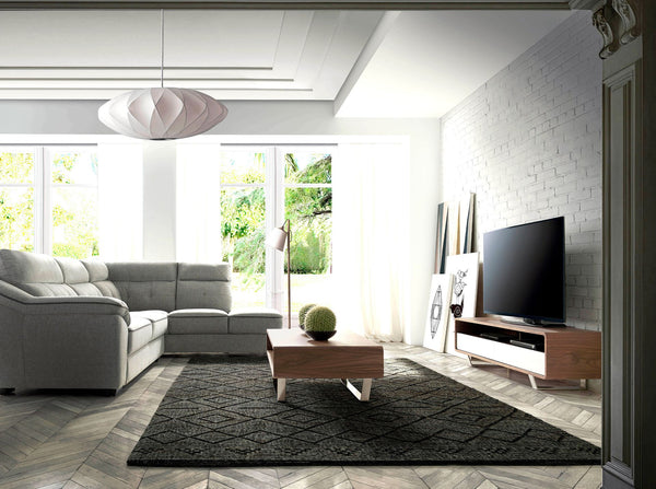 TV table in white wood, walnut and chromed steel