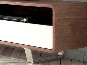 TV table in white wood, walnut and chromed steel