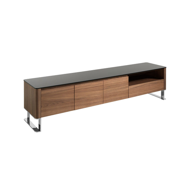 TV stand in walnut, chromed steel and black glass top L200
