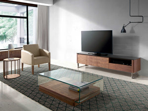 TV stand in walnut, chromed steel and black glass top
