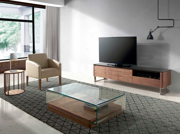 TV stand in walnut, chromed steel and black glass top