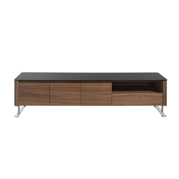 TV stand in walnut, chromed steel and black glass top