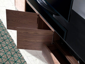 TV stand in walnut, chromed steel and black glass top