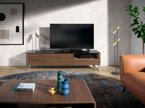 TV stand in walnut, chromed steel and black glass top