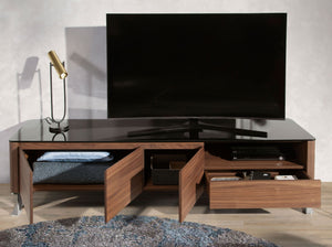 TV stand in walnut, chromed steel and black glass top