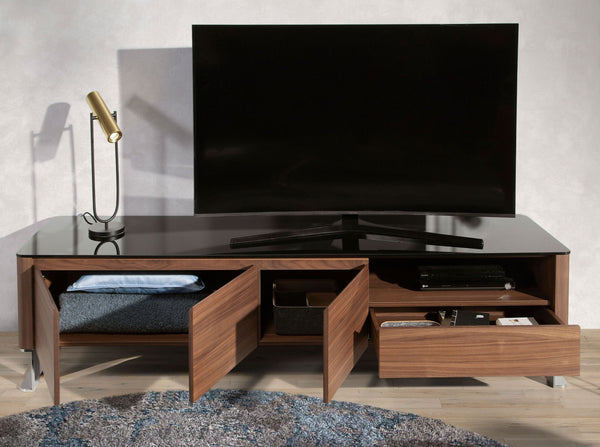 TV stand in walnut, chromed steel and black glass top