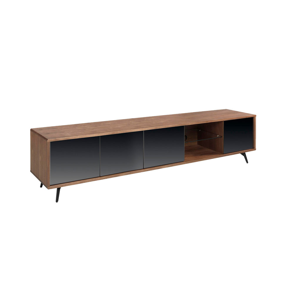 TV stand in black glass with mirror effect, walnut and black steel