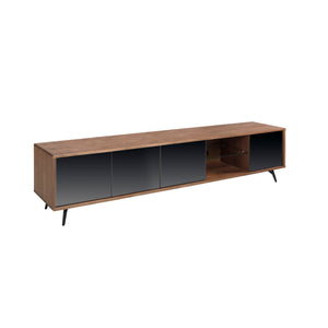 TV stand in black glass with mirror effect, walnut and black steel
