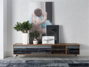 TV stand in black glass with mirror effect, walnut and black steel