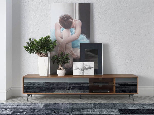 TV stand in black glass with mirror effect, walnut and black steel