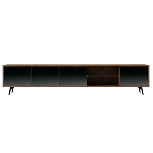 TV stand in black glass with mirror effect, walnut and black steel
