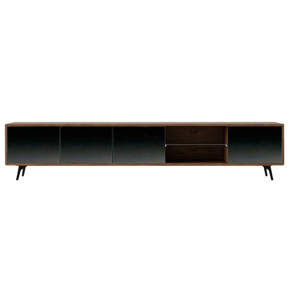 TV stand in black glass with mirror effect, walnut and black steel