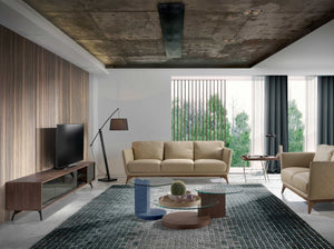 TV stand in black glass with mirror effect, walnut and black steel