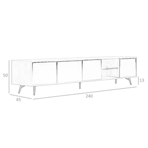 TV stand in black glass with mirror effect, walnut and black steel