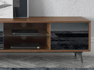 TV stand in black glass with mirror effect, walnut and black steel