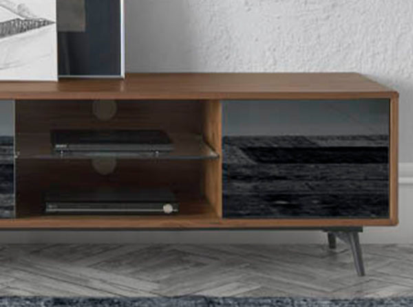 TV stand in black glass with mirror effect, walnut and black steel