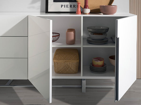 Sideboard in white wood and chromed steel