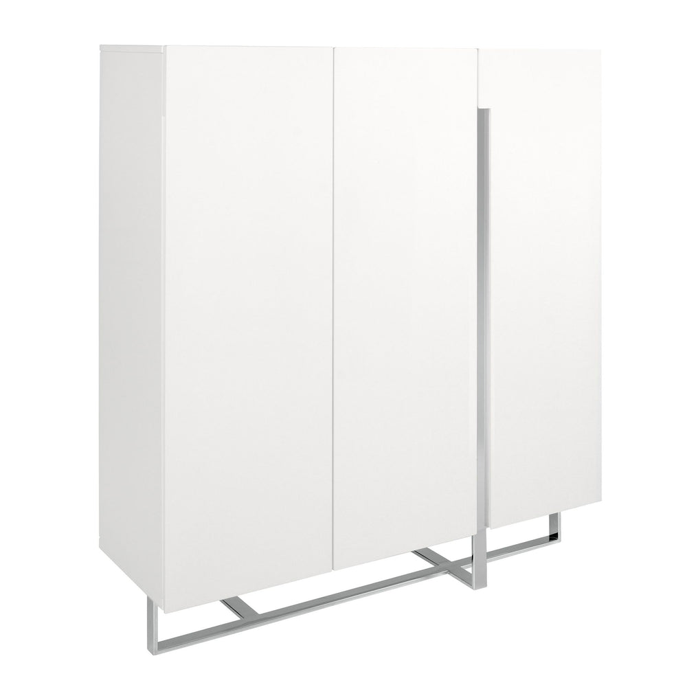 Tall sideboard in white wood and chromed steel