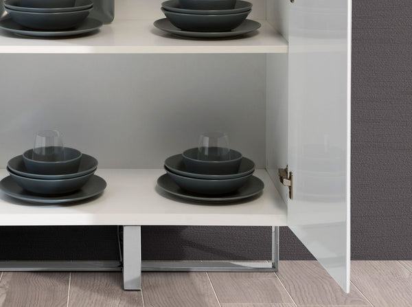 Tall sideboard in white wood and chromed steel