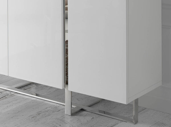Tall sideboard in white wood and chromed steel