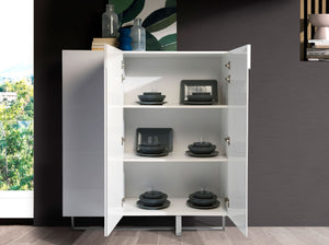 Tall sideboard in white wood and chromed steel