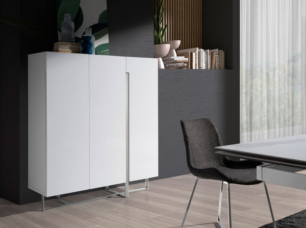Tall sideboard in white wood and chromed steel