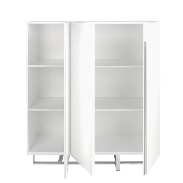 Tall sideboard in white wood and chromed steel