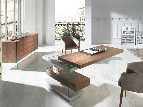 Sideboard in walnut and tempered glass