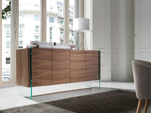 Sideboard in walnut and tempered glass