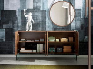 Sideboard in walnut and tempered glass