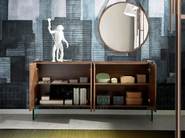 Sideboard in walnut and tempered glass