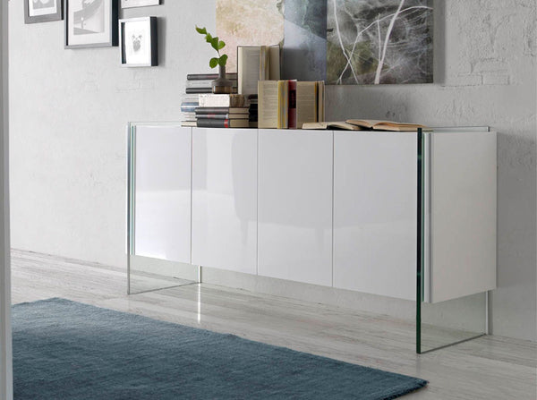 Sideboard in white wood and tempered glass