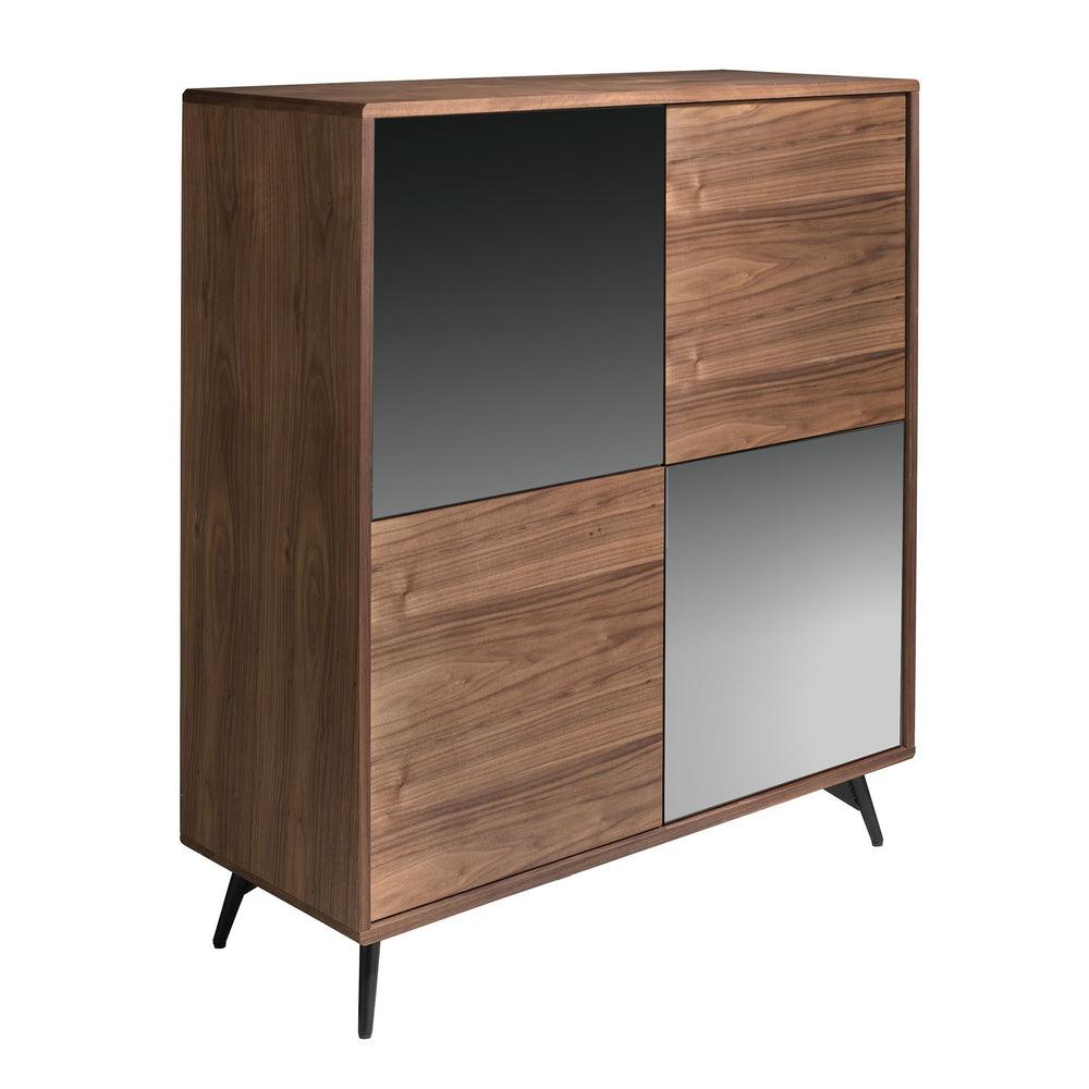 Tall sideboard in black glass with mirror effect, walnut and black steel