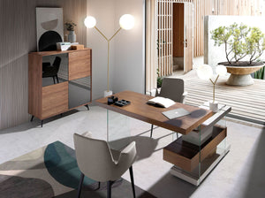 Tall sideboard in black glass with mirror effect, walnut and black steel