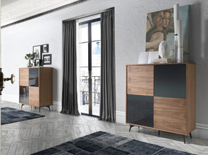 Tall sideboard in black glass with mirror effect, walnut and black steel