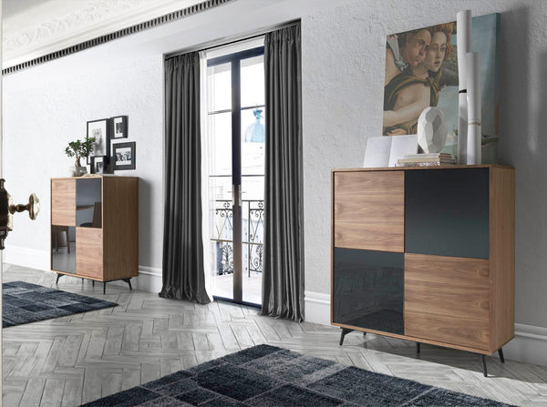 Tall sideboard in black glass with mirror effect, walnut and black steel