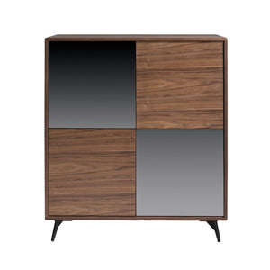 Tall sideboard in black glass with mirror effect, walnut and black steel