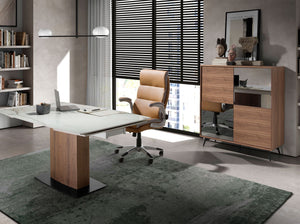 Tall sideboard in black glass with mirror effect, walnut and black steel