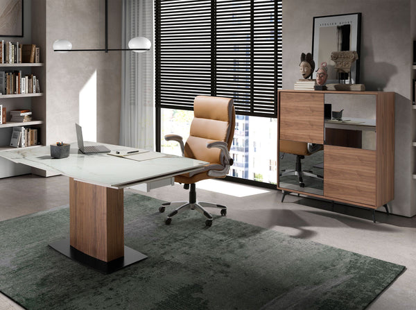 Tall sideboard in black glass with mirror effect, walnut and black steel