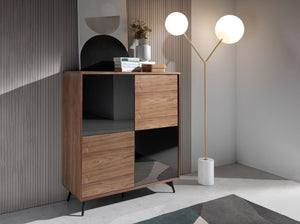 Tall sideboard in black glass with mirror effect, walnut and black steel