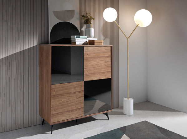 Tall sideboard in black glass with mirror effect, walnut and black steel