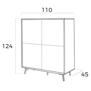 Tall sideboard in black glass with mirror effect, walnut and black steel