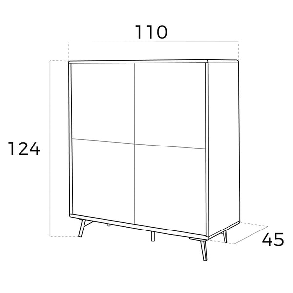 Tall sideboard in black glass with mirror effect, walnut and black steel