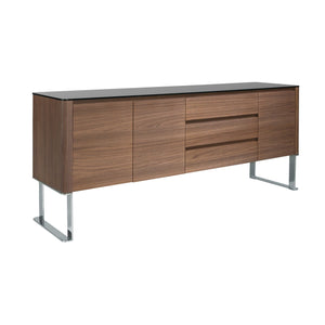 Sideboard in walnut, chromed steel and black glass top